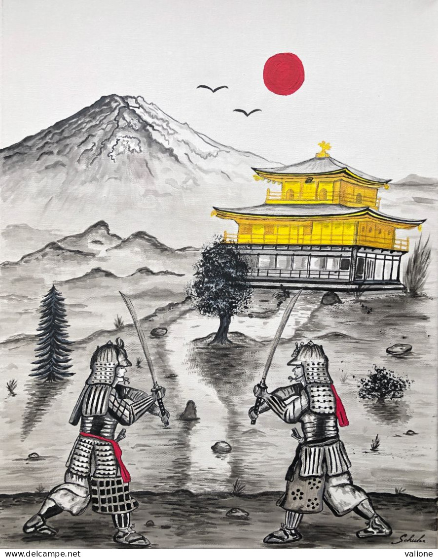 Tableau Peinture Le Duel De Samourai Au Japon Au Pied Du Temple D'or, Katana - Gevechtssport