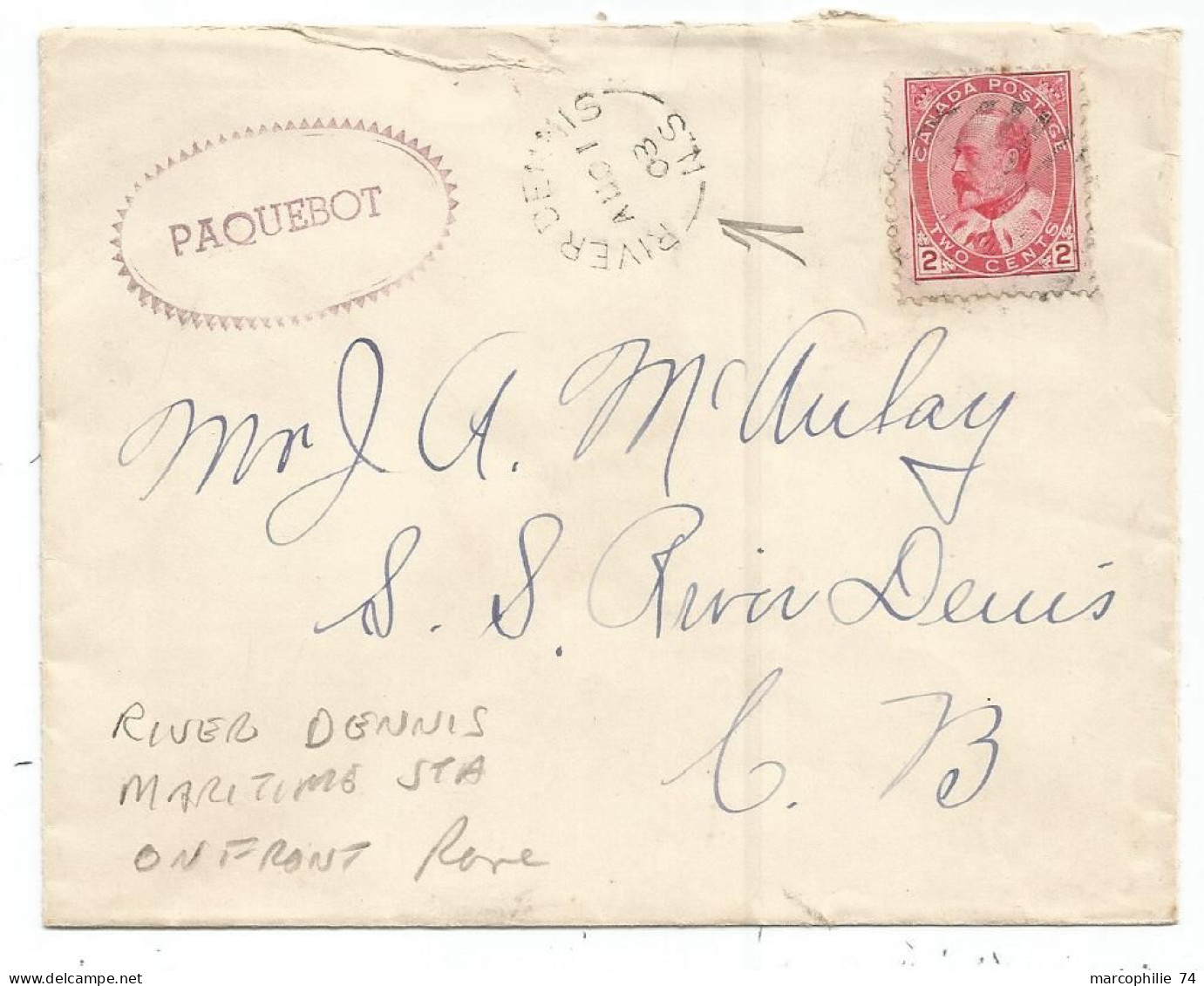 CANADA 2C SOLO LETTRE COVER RIVER DENNIS 1908 TO USA + PAQUEBOT - Brieven En Documenten