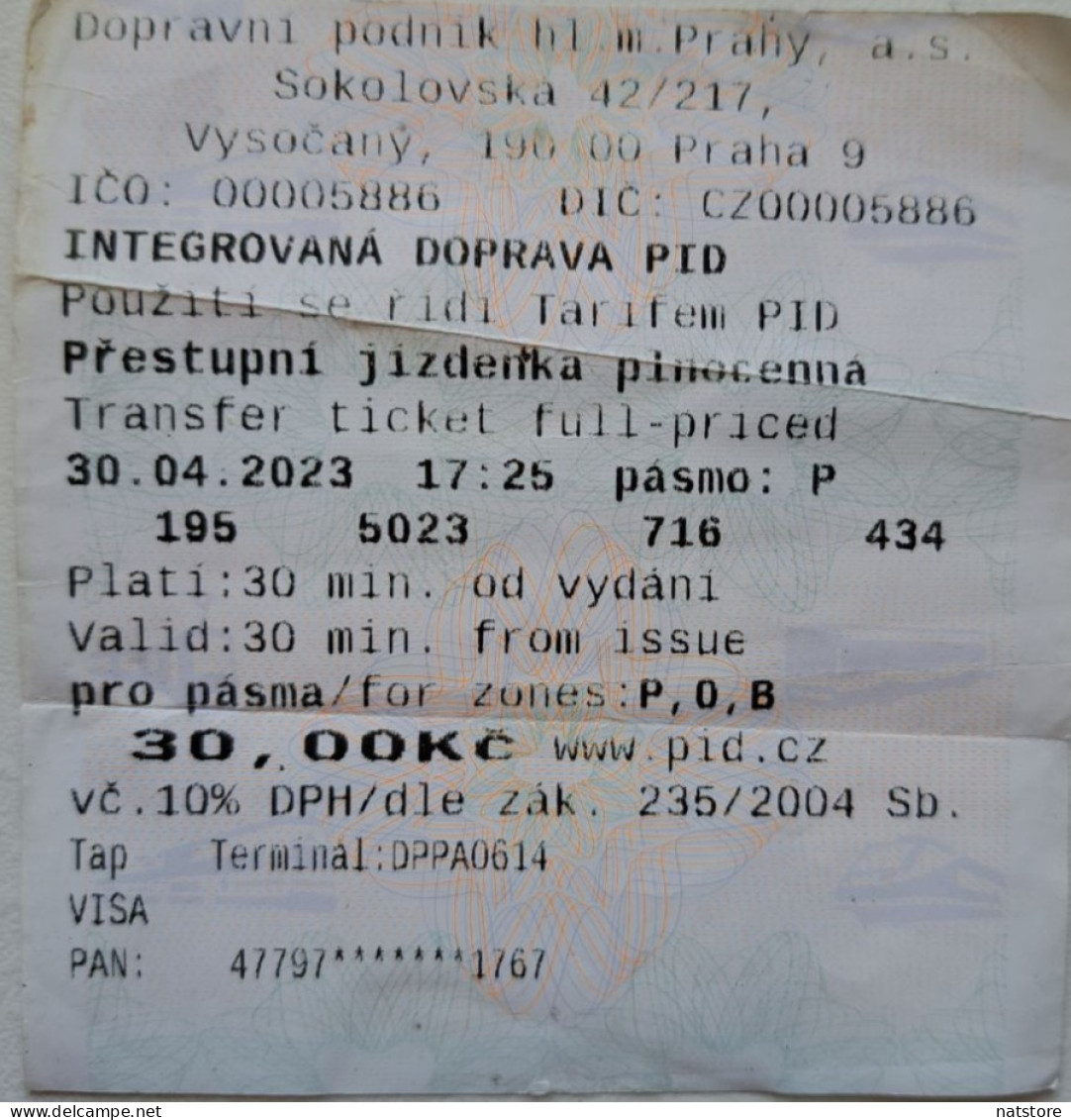 2023..CZECH REPUBLIC.. TRANSFER TICKET..INTEGRATED TRANSPORT PRAGUE - Tickets D'entrée