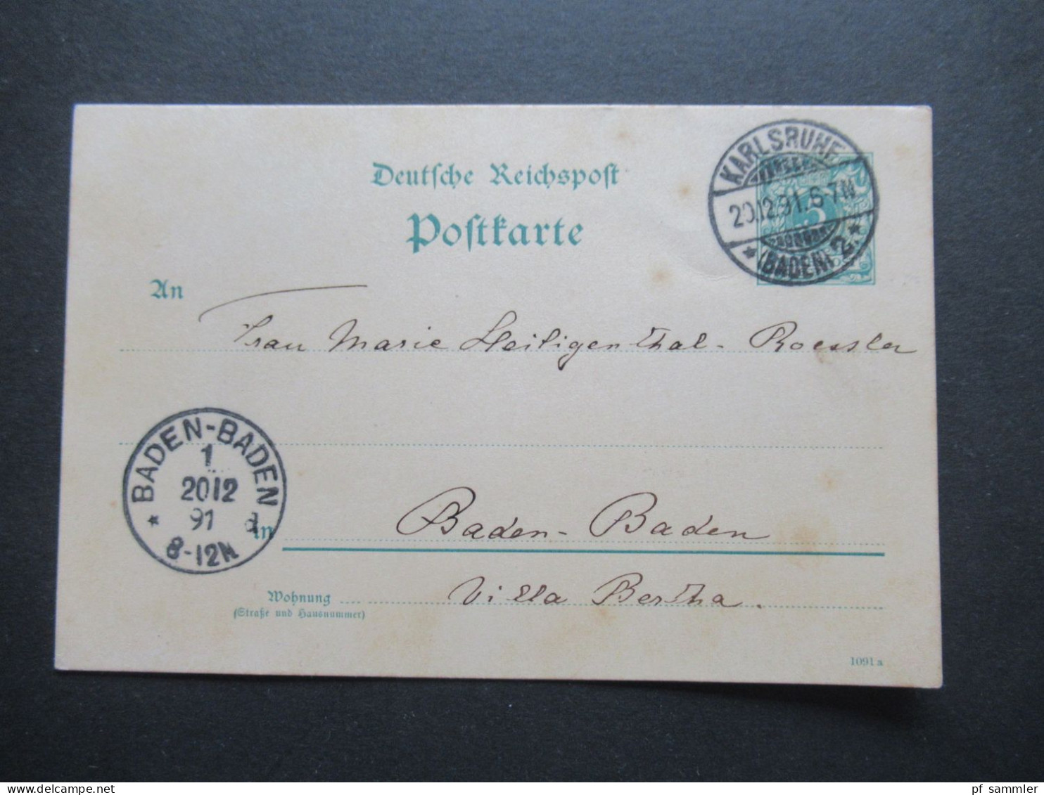 DR 1891 Reichspost GA Krone / Adler Sauberer Stempel Karlsruhe (Baden) 2 Nach Baden Baden Mit K1 Ank. Stempel - Briefkaarten