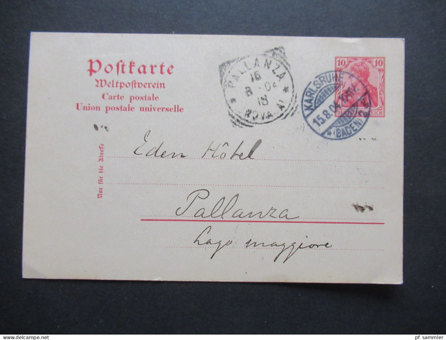 DR 1904 Germania GA Sauberer Stempel Karlsruhe (Baden) 2 Nach Italien Mit Ank. Stempel Pallanza / PK Weltpostverein - Tarjetas