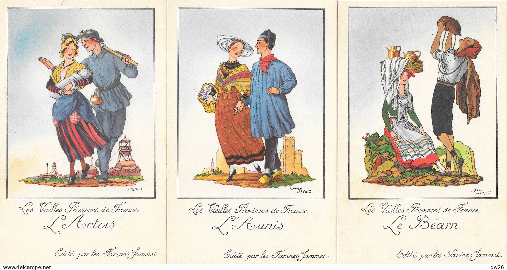 Lot 8 Chromos Provinces De France: Publicité Farines Jammet, Illustration Jean Droit: Artois, Provence, Berry, Poitou... - Sonstige & Ohne Zuordnung