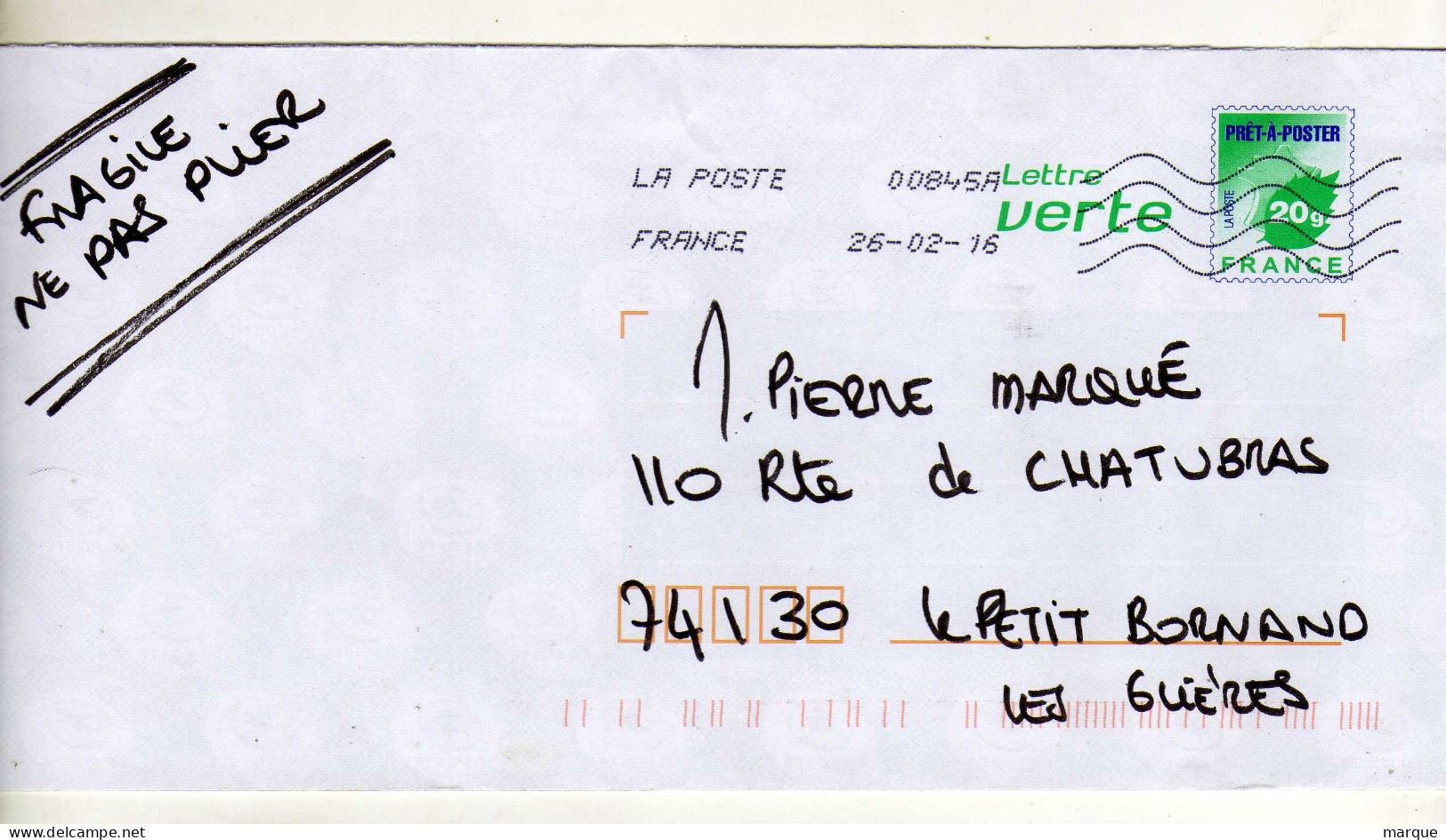 Enveloppe FRANCE Prêt à Poster Lettre Verte Oblitération LA POSTE 00845A 26/02/2016 - Prêts-à-poster:  Autres (1995-...)