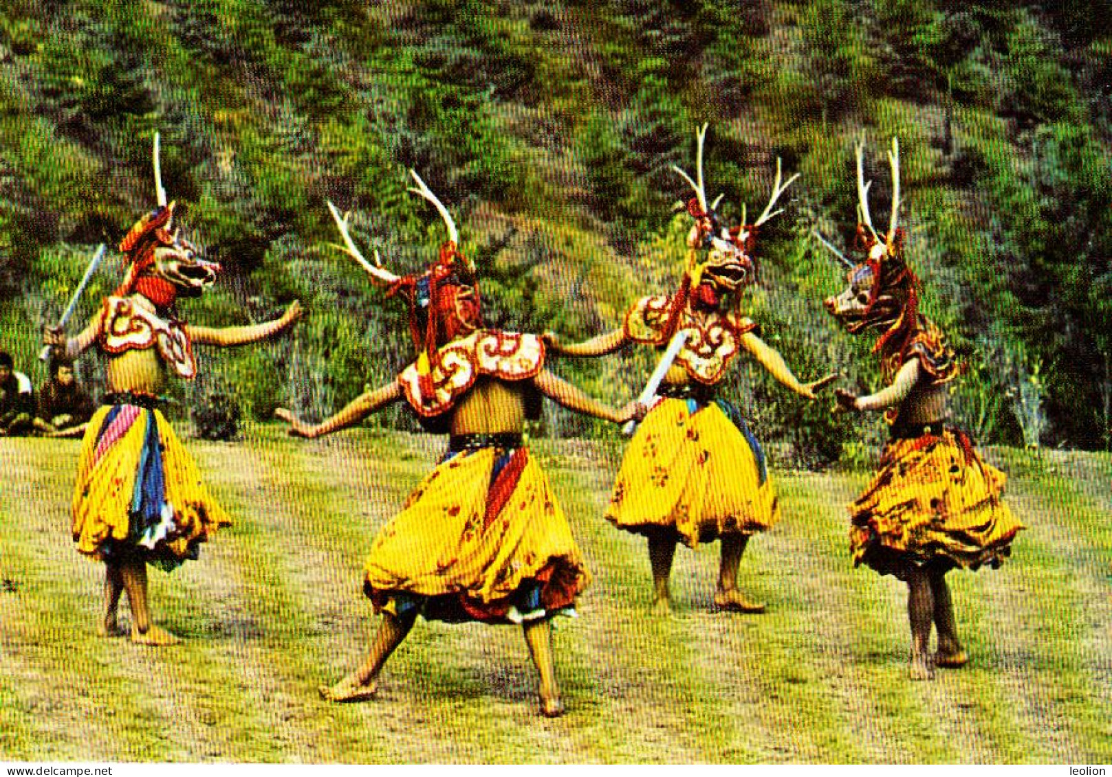 BHUTAN Antlered Stag Dancers  Tradional Buddhist Dance 1970s Lindblad Travel Picture Postcard BHOUTAN - Butan