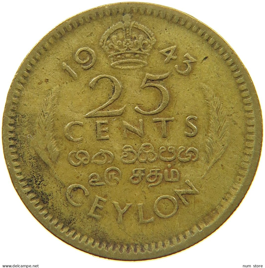 CEYLON 25 CENTS 1943  #MA 025863 - Sri Lanka