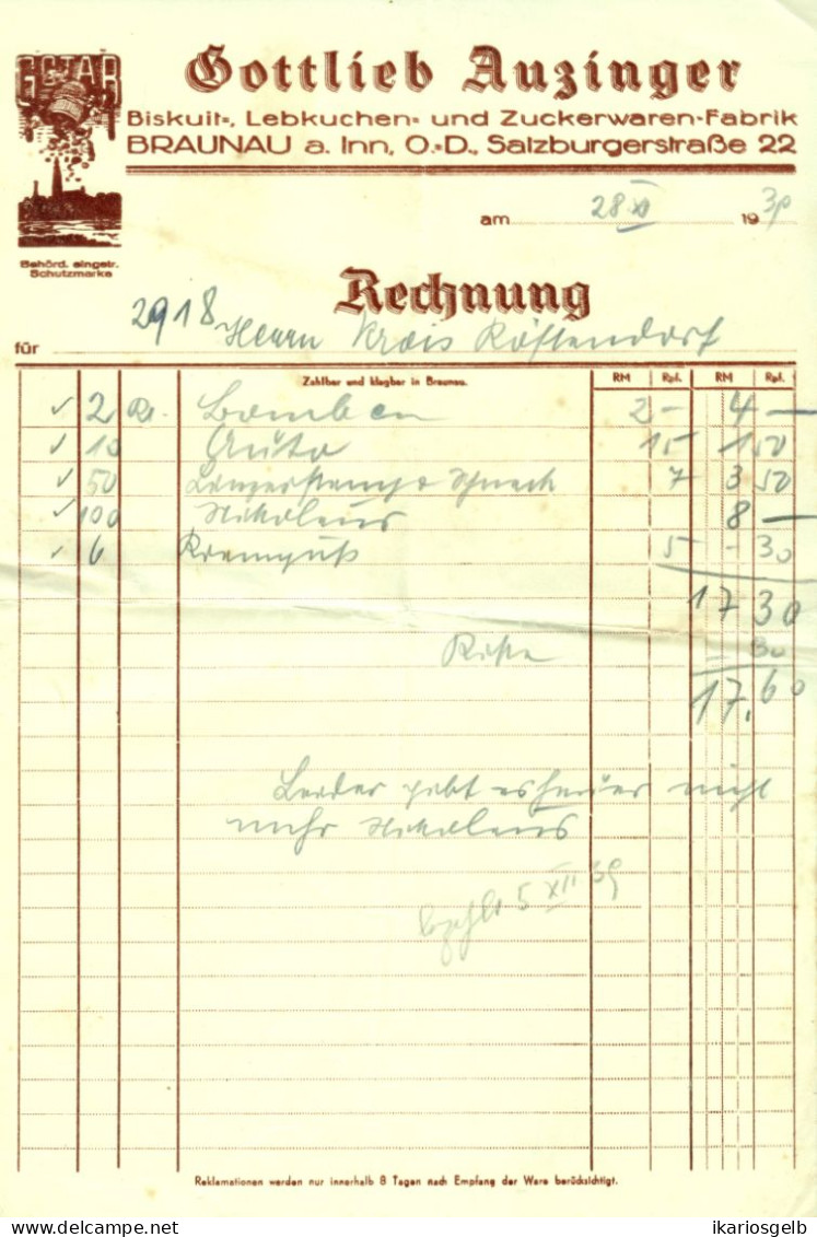 Österreich BRAUNAU Inn 1939 Rechnung Deko " Gottlieb Anzinger Biskuit- Lebkuchen- Zuckerwarenfabrik Salzburgerstr.22 " - Österreich