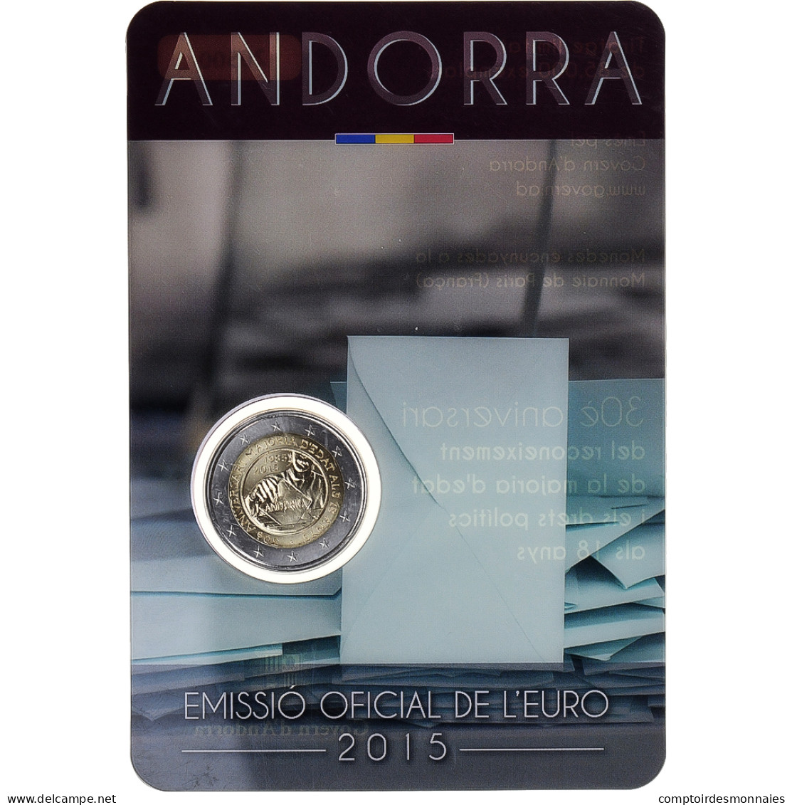 Andorre, 2 Euro, Majorité à 18 Ans, 2015, Coin Card, FDC, Bimétallique - Andorre