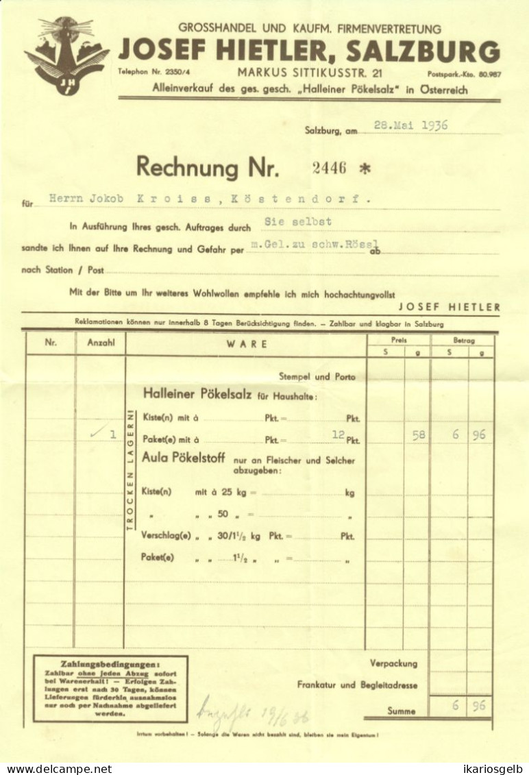 Österreich SALZBURG 1936 Rechnung Deko " Josef Hietler Halleiner Pökelsalz Markus Sittikusstr.21 " - Austria