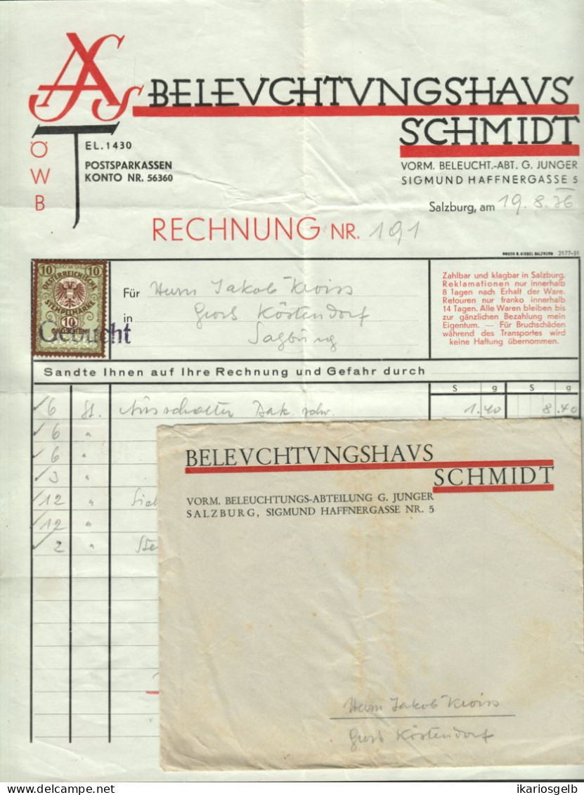 Österreich SALZBURG 1936 Rechnung Deko + Fiskalmarke + Versandcouvert " Beleuchtungshaus Schmidt Sigmund Haffnergasse 5" - Autriche