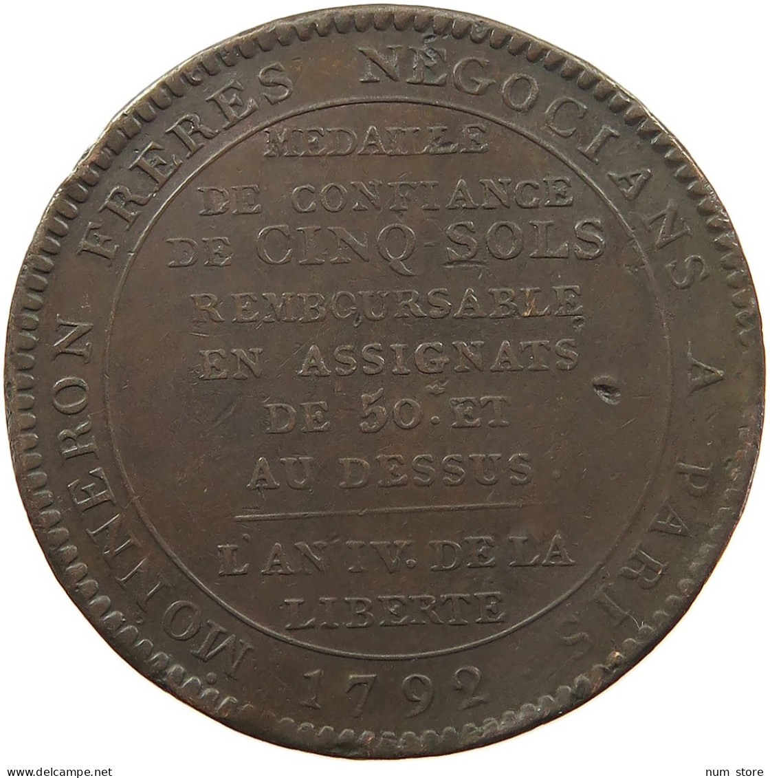 FRANCE 5 SOLS 1792 MONNERON #MA 102015 - 1791-1792 Constitution (An I)