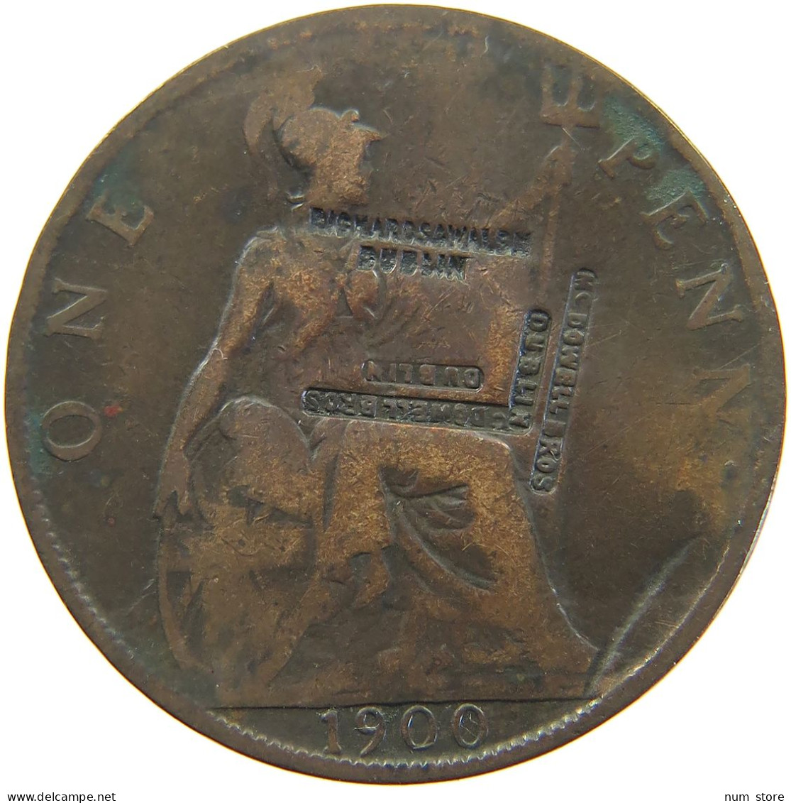 GREAT BRITAIN PENNY 1900 VICTORIA 1837-1901 COUNTERMARKED MCDOWELL BROS DUBLIN AND OTHER 2 #MA 067745 - D. 1 Penny