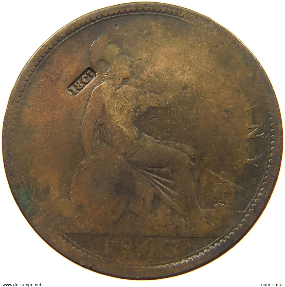 GREAT BRITAIN PENNY 1867 VICTORIA 1837-1901 COUNTERMARKED CT. #MA 101846 - D. 1 Penny