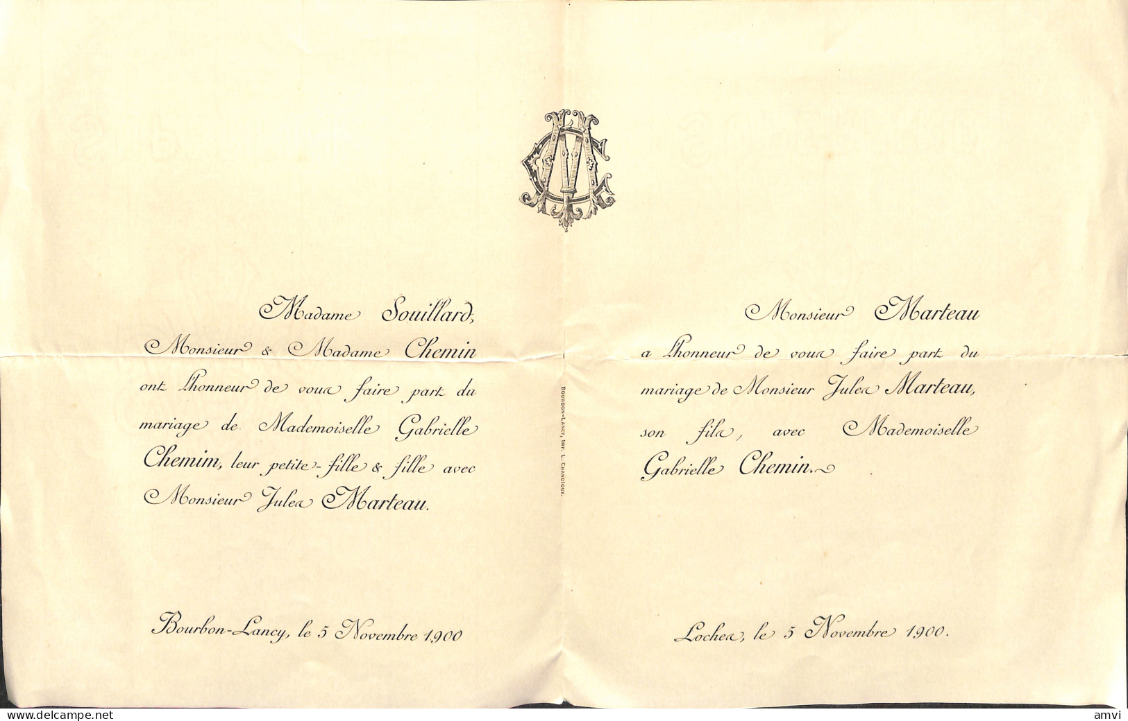 23-1206 Faire Part Mariage 1900 Loches Famille SOUILLARD Et MARTEAU - Boda