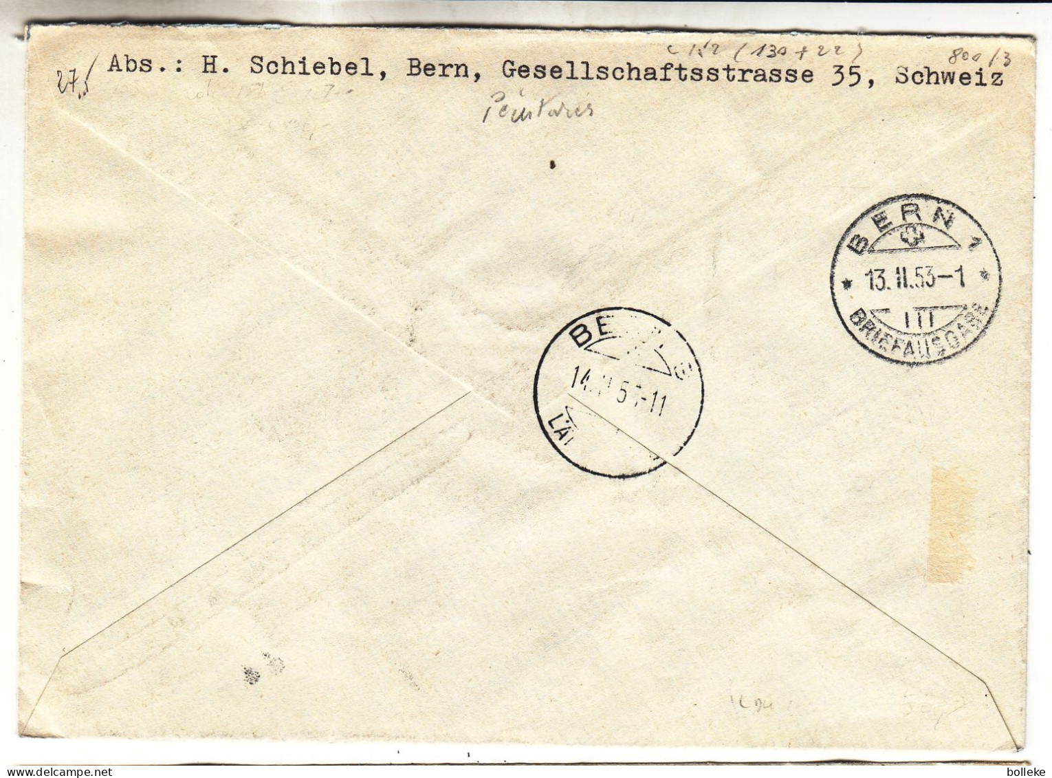 Liechtenstein - Lettre Recom De 1953 - Oblit Ruggell - Peintures - Valeur 152 € ( 130 + 22 ) - Cachet De Bern - - Storia Postale