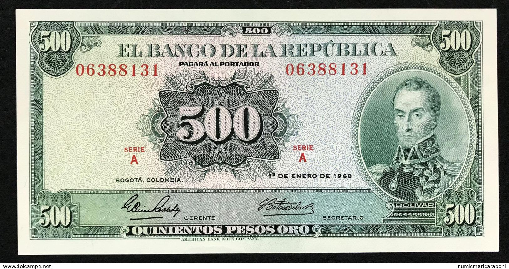 COLOMBIA Banco De La República 500 Pesos Oro January 1 1968 Pick#411a A.unc Fds- Lotto.3758 - Colombie