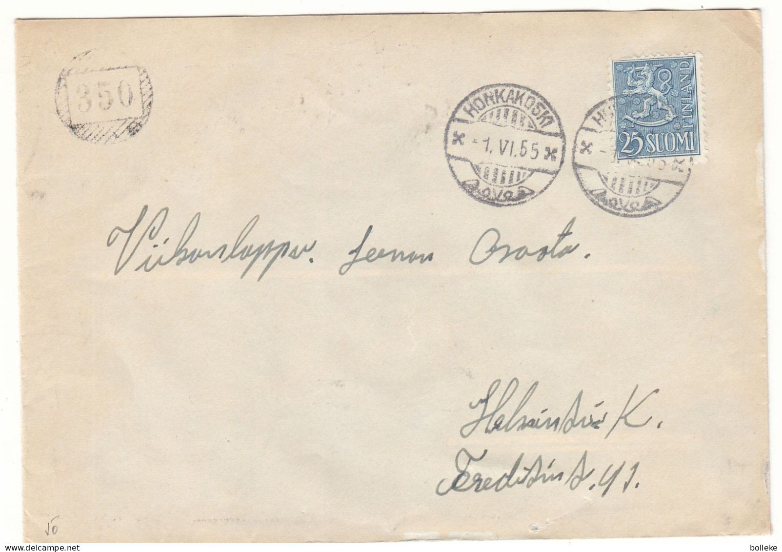 Finlande - Lettre De 1955 - Oblit Honkakoski - Avec Cachet Rural 350 - - Lettres & Documents
