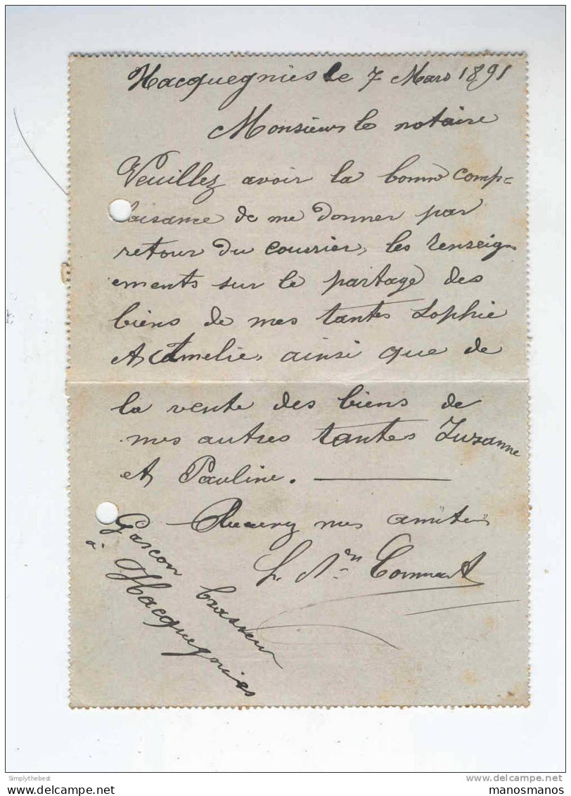 BELGIQUE - BRASSERIE -  Carte-Lettre 10 C  FRASNES LEZ BUISSENAL 1891 - Signé Gascon , Brasseur à HACQUEGNIES  -- 10/635 - Biere