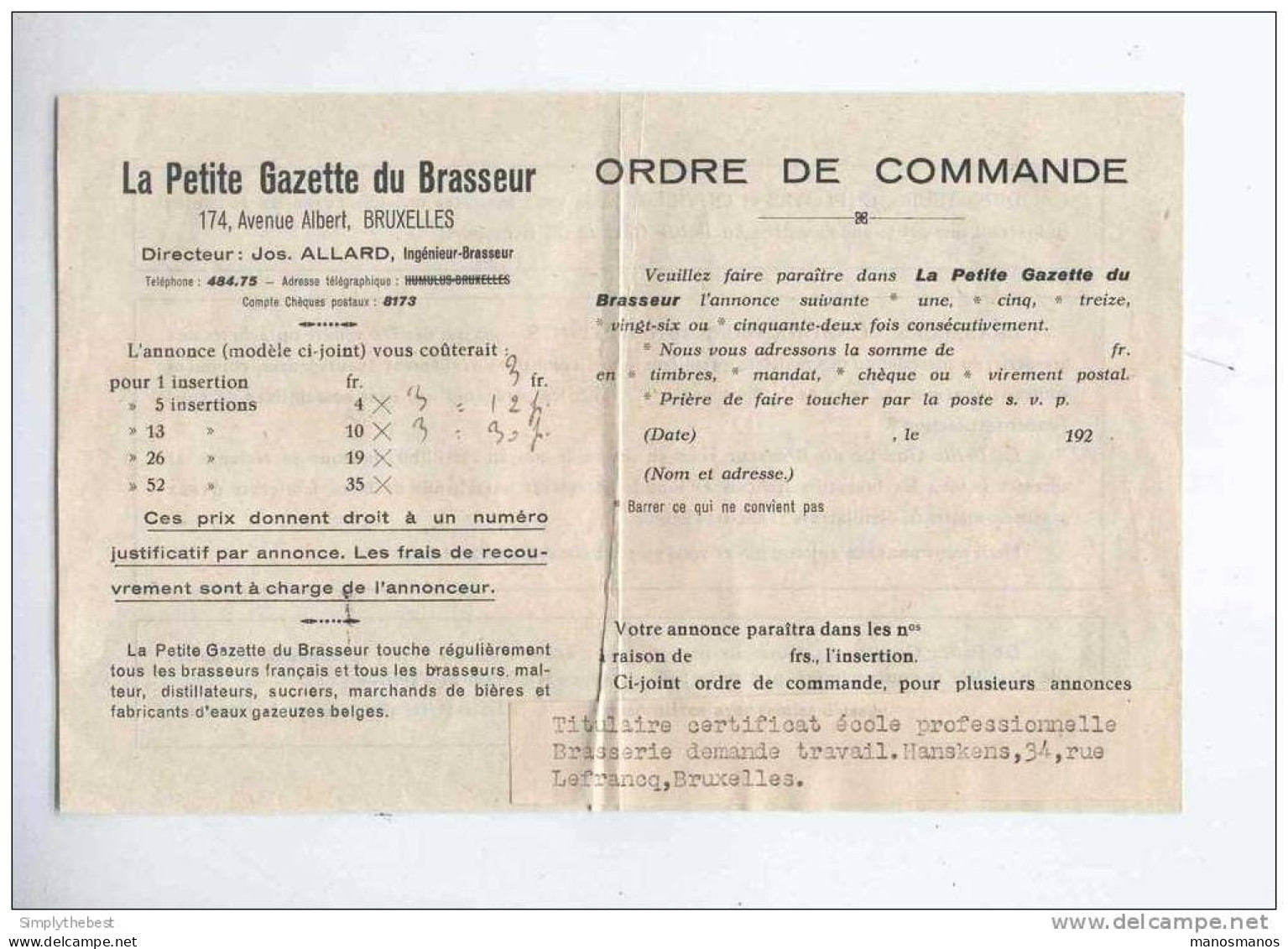 BELGIQUE - BRASSERIE - Lettre TP Houyoux BRUXELLES 1928 - Entete + Contenu Petite Gazette Du Brasseur   -- 10/651 - Beers