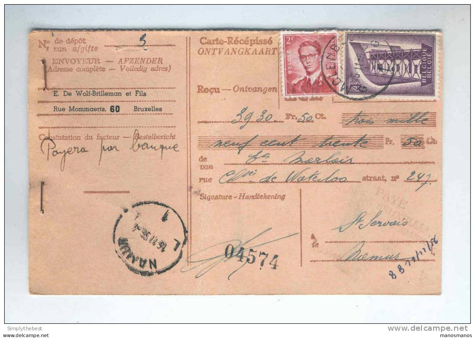 BELGIQUE EUROPA - 2 X Carte Récépissé TP Europa 1956 BXL Et  VERVIERS   -- 10/598 - 1956