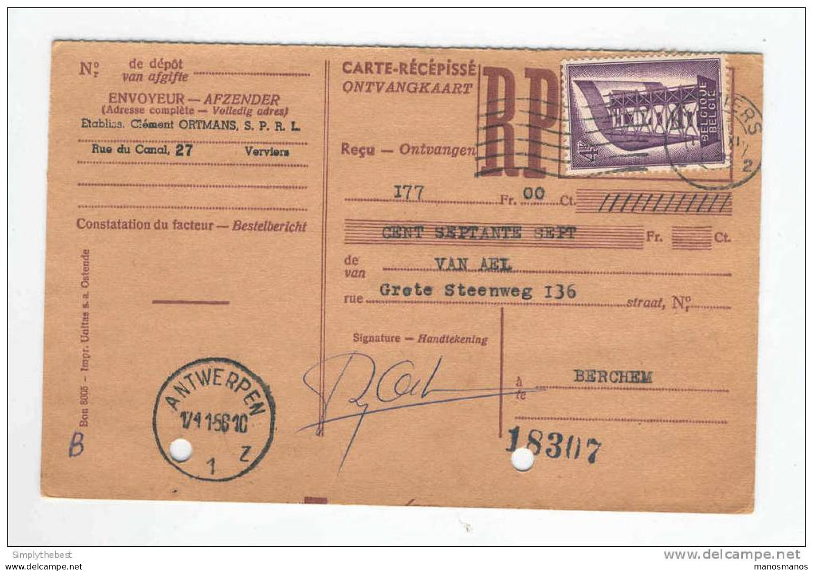 BELGIQUE EUROPA - 2 X Carte Récépissé TP Europa 1956 BXL Et  VERVIERS   -- 10/598 - 1956