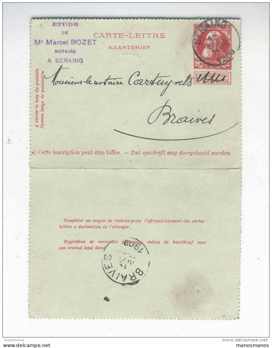 Carte-Lettre 10 C Grosse Barbe SERAING 1909 Vers Notaire à BRAIVES - Cachet Notaire Bozet   -- JJ495 - Letter-Cards