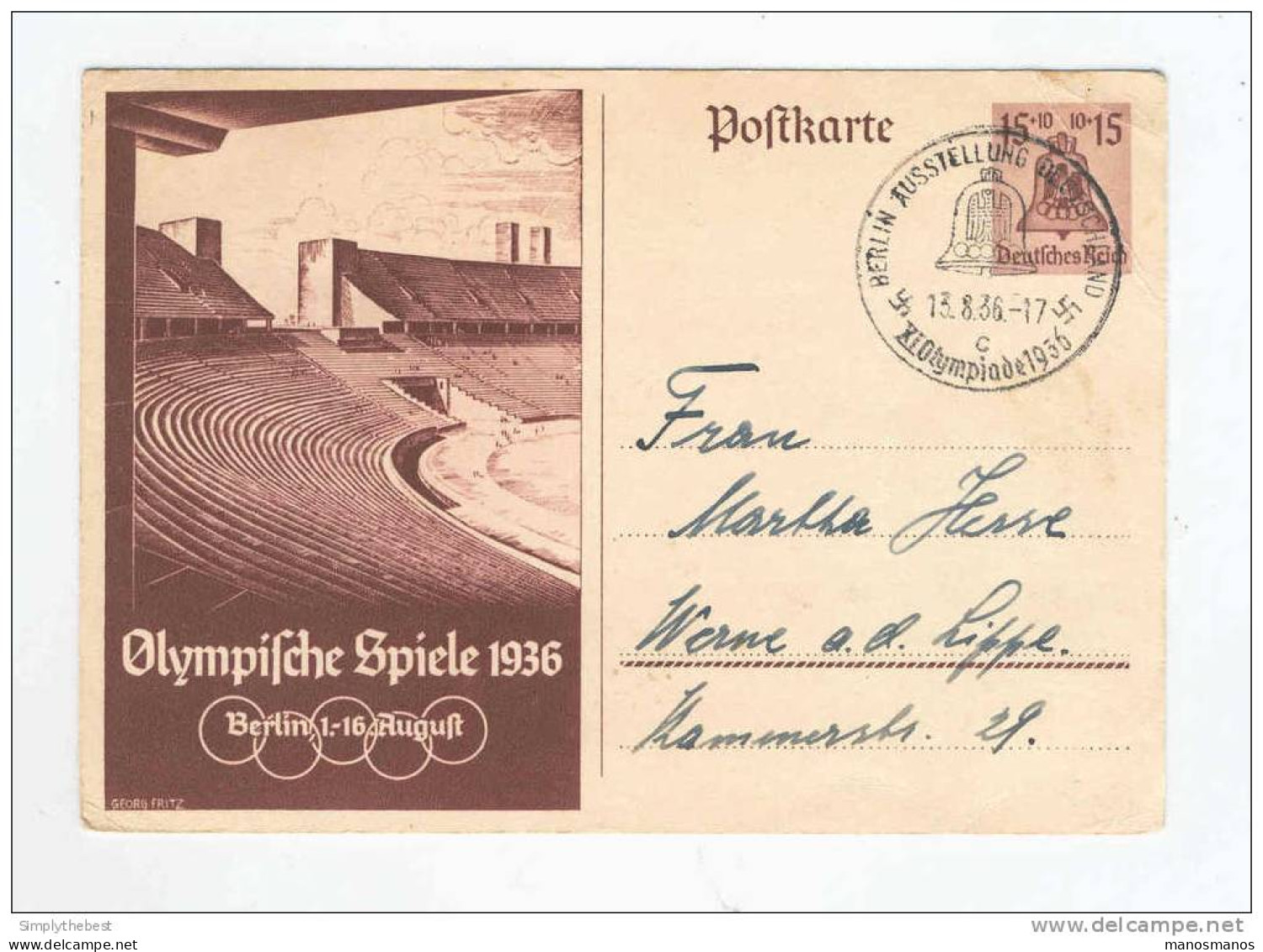 Entier Carte Officielle Des JEUX OLYMPIQUES BERLIN 1936 - Cachet 13.8.36   --  JJ428 - Zomer 1936: Berlijn