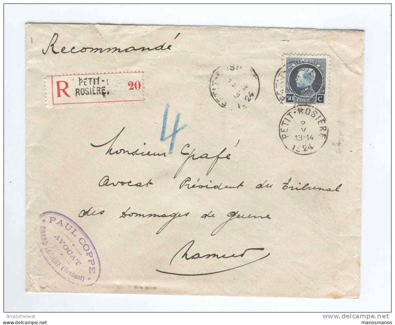 Lettre RECOMMANDEE  Montenez 50 C PETIT ROSIERE 1925 - Cachet Coppe , Avocat à GRAND ROSIERE   --  JJ327 - 1921-1925 Small Montenez