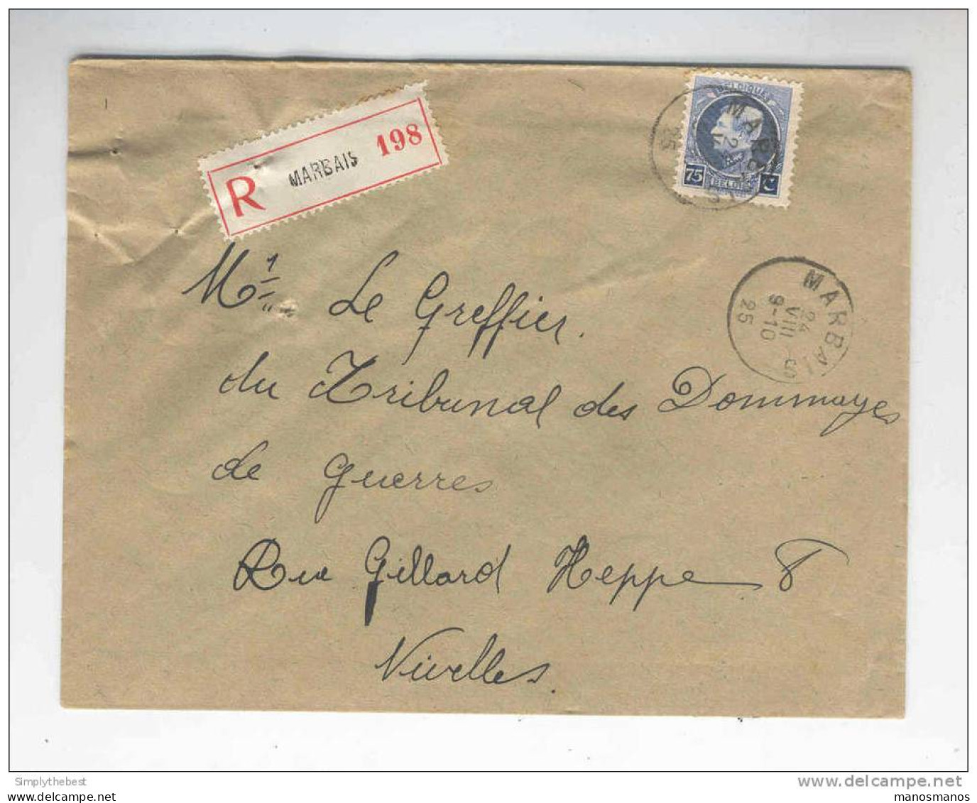 Lettre RECOMMANDEE  Montenez 75 C MARBAIS 1925 Vers Niveles   --  JJ326 - 1921-1925 Small Montenez