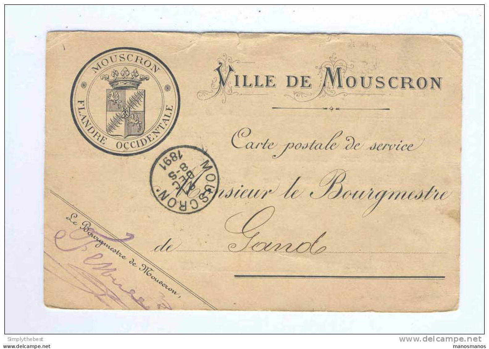 Carte De Service En FRANCHISE MOUSCRON 1891 - Entete Et Armoiries Ville De Mouscron Flandre Occidentale  --  MM472 - Zonder Portkosten