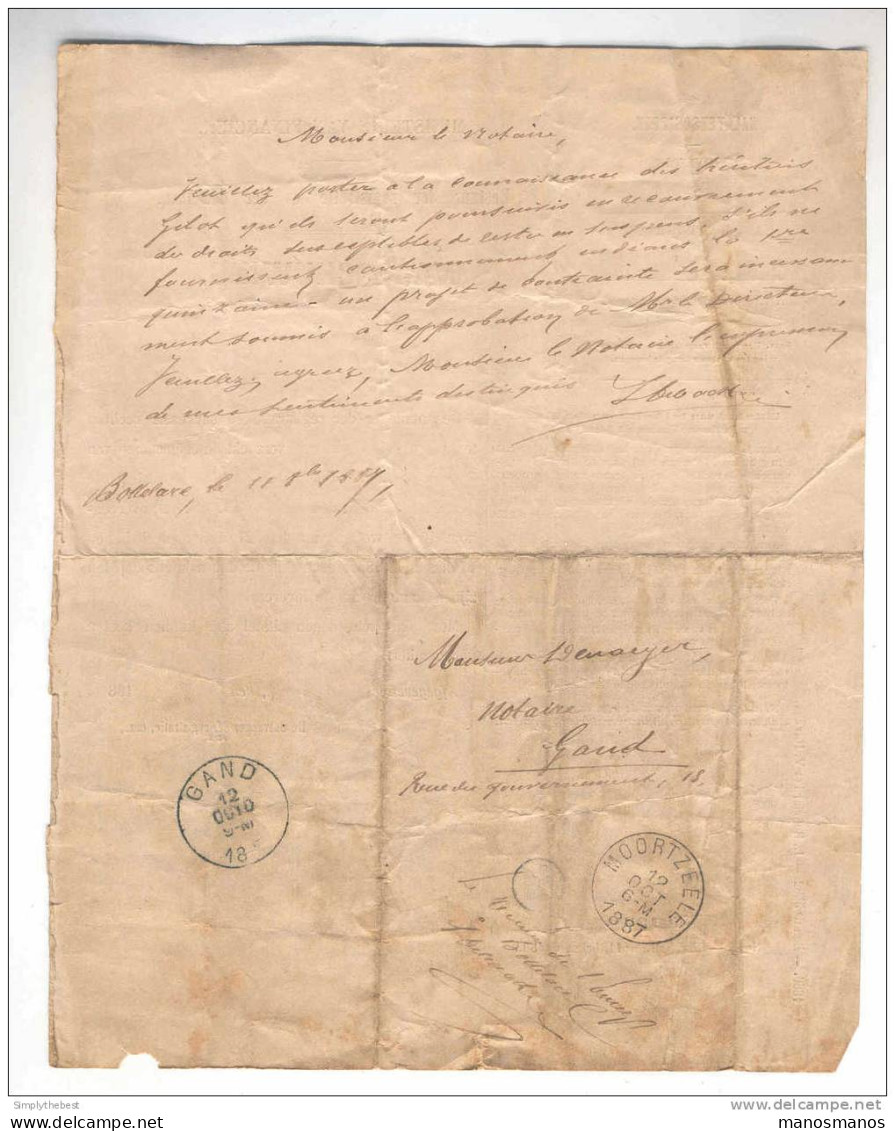 Document En FRANCHISE Administration Enregistrement MOORTZEELE 1887 Vers Notaire à GAND  --  MM466 - Franchise