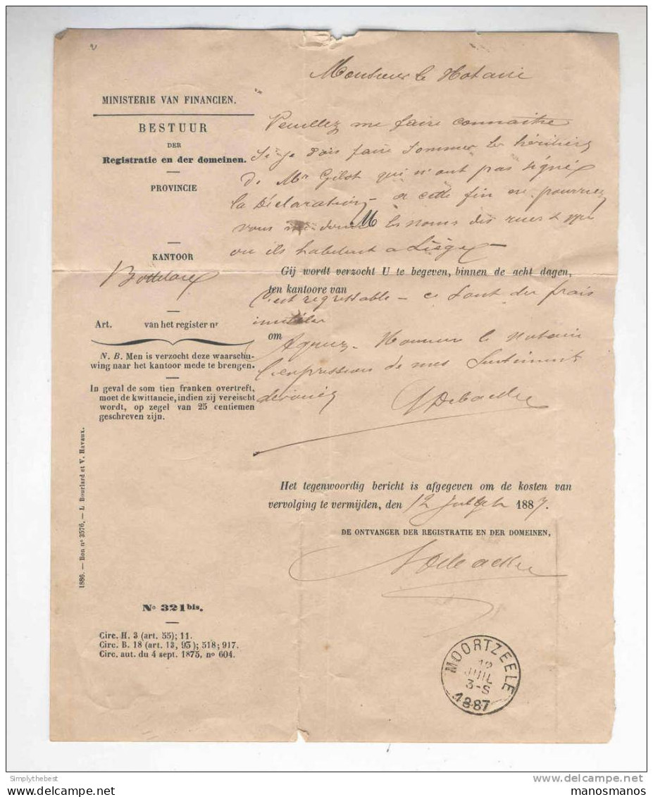 Document En FRANCHISE Administration Enregistrement MOORTZEELE 1887 Vers Notaire à GAND  --  MM468 - Portofreiheit