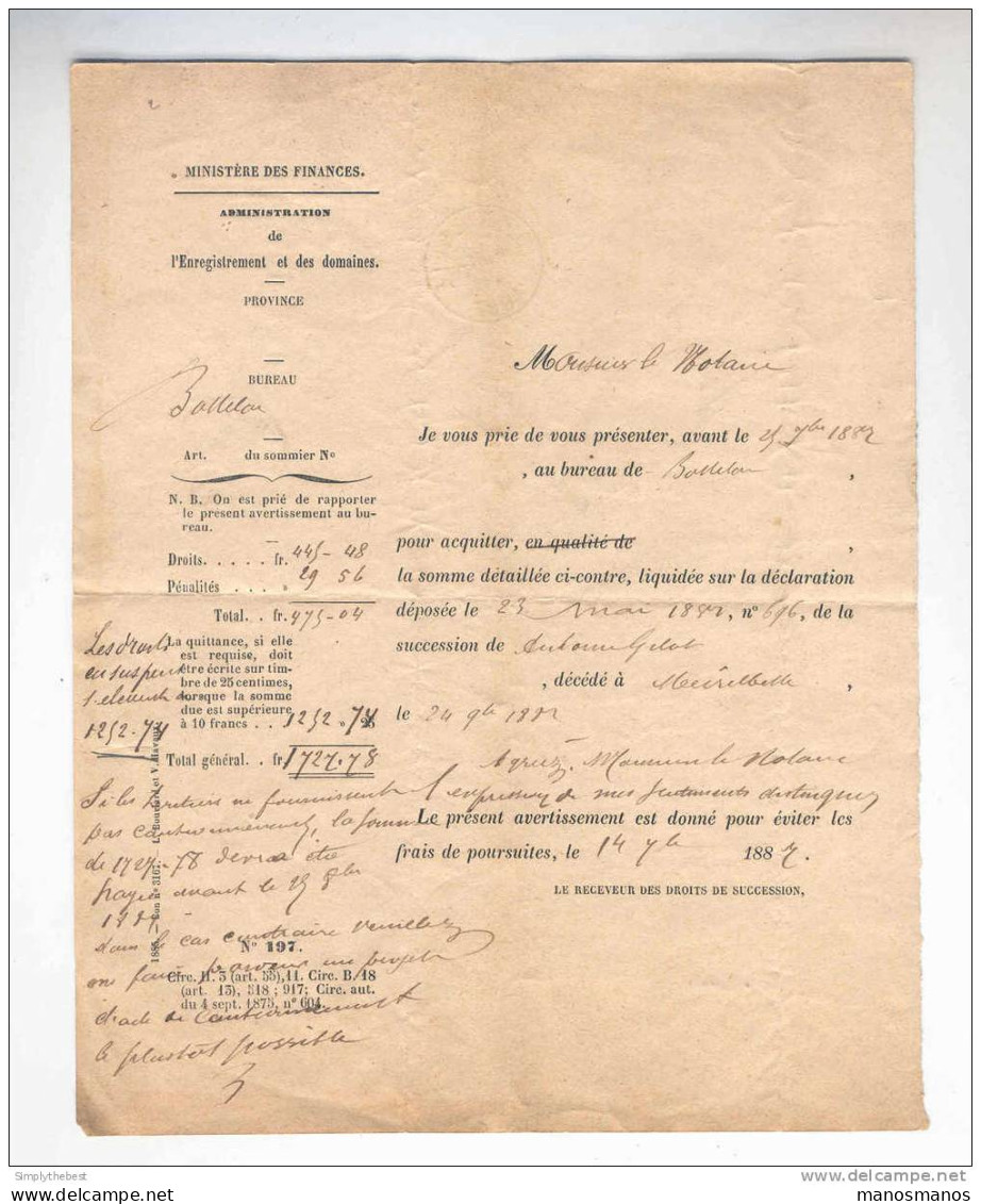 Document En FRANCHISE Administration Enregistrement MOORTZEELE 1887 Vers Notaire à GAND  --  MM467 - Portofreiheit