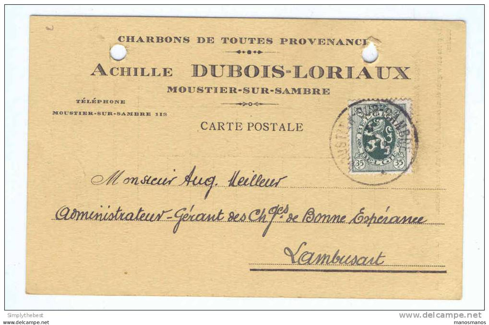 MOUSTIER SUR SAMBRE -  Carte Privée TP Lion Héraldique 35 C 1930 -  Charbons Achille Dubois-Loriaux --  MM498 - 1929-1937 Heraldieke Leeuw