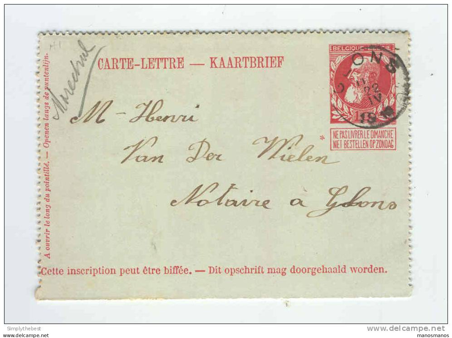 Carte-Lettre Grosse Barbe Cachet GLONS 1912 Vers Notaire En Ville - Origine Manuscrite PAIFVE  -- B3/333 - Letter-Cards