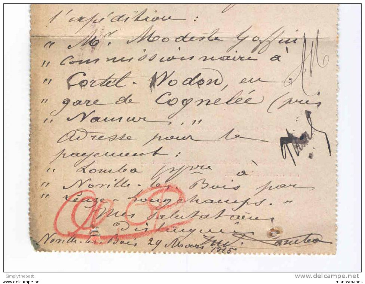 Carte-Lettre Emission 1869 Cachet LEUZE LONGCHAMPS 1885 Vers FLEURUS - Origine Manuscrite NOVILLE Les BOIS  -- B3/320 - Postbladen