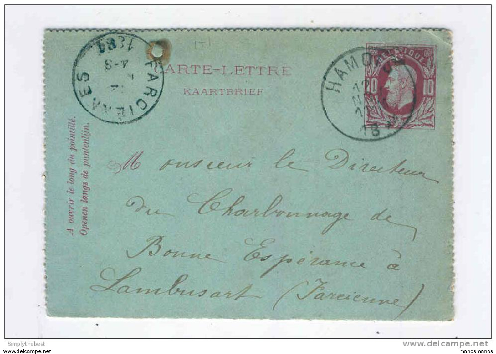 Carte-Lettre Emission 1869 Cachet HAMOIS 1884 Vers FARCIENNES - Origine Manuscrite ACHET  -- B3/319 - Postbladen