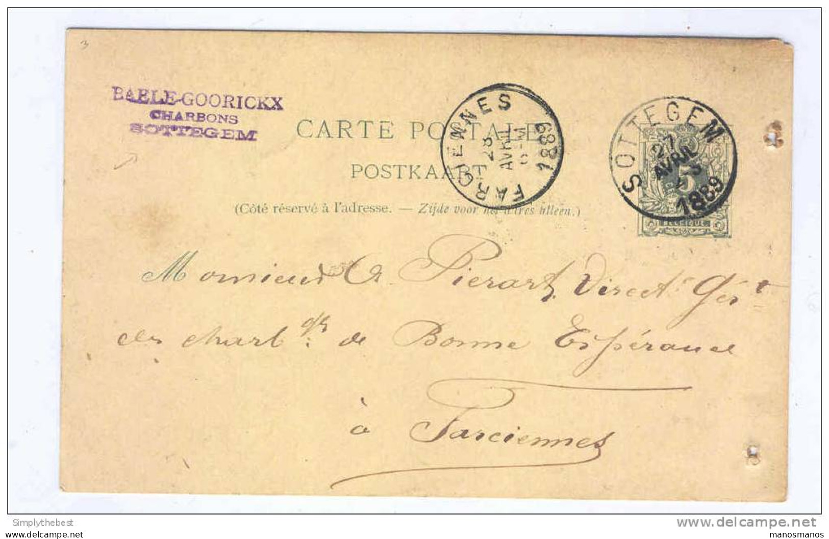 Entier Type TP 45 SOTTEGEM 1889  - Cachet Privé Baele - Goorickx , Charbons  -- B3/297 - Postkarten 1871-1909