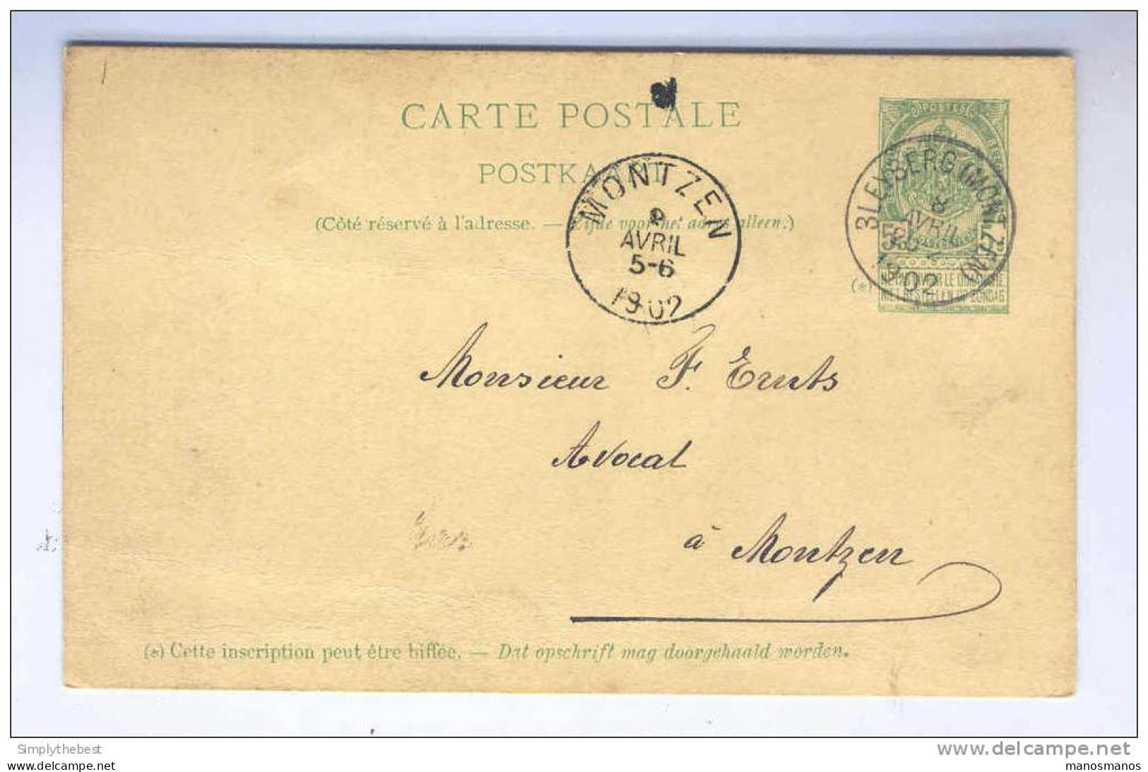 CANTONS DE L'EST - Entier Postal Armoiries BLEYBERG (Montzen) 1902 Vers MONTZEN   --  MM134 - Postcards 1871-1909