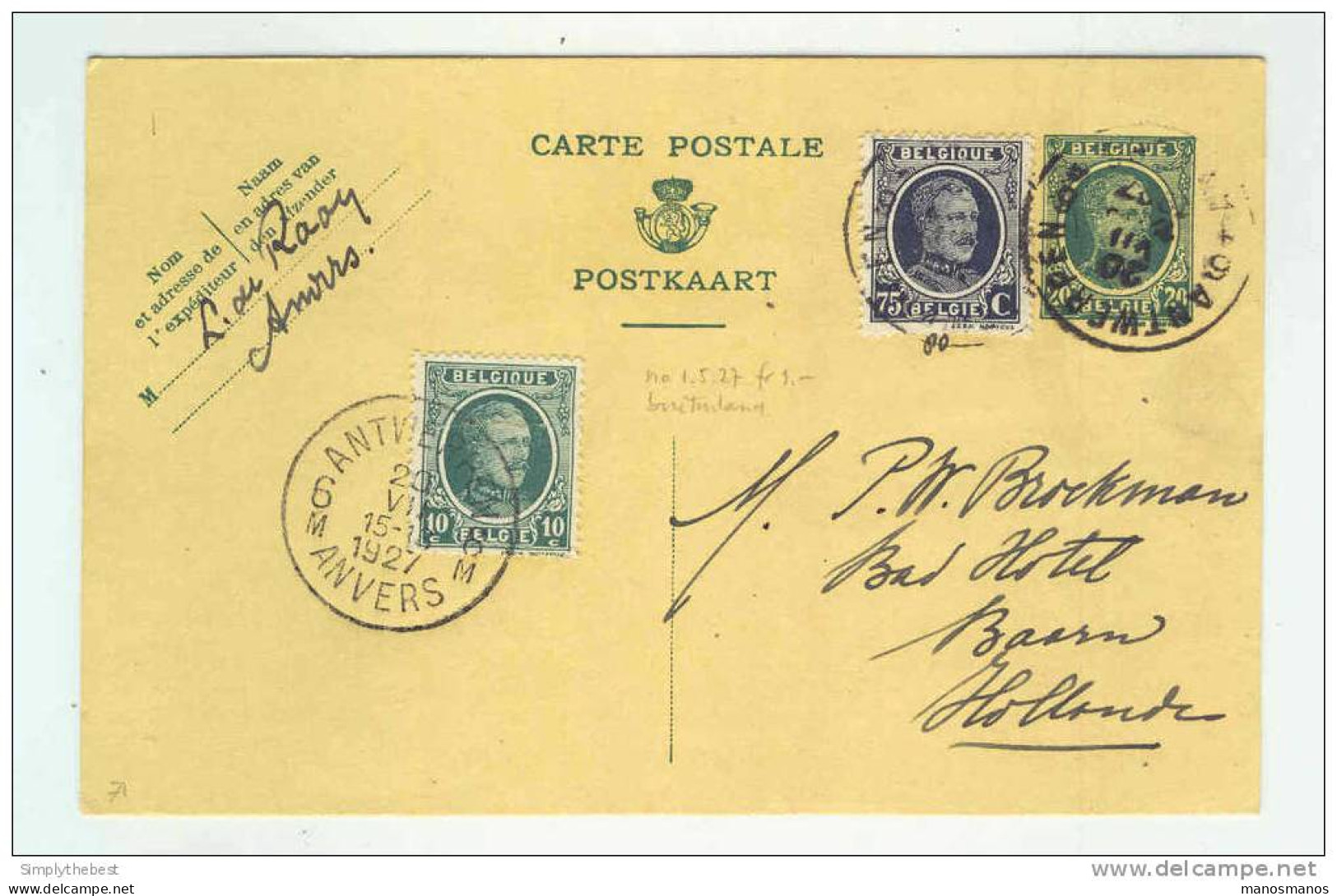 Entier Postal 20 C Houyoux + TP Houyoux , Dont 75 C RARE S/L. ANTWERPEN 1927 Vers Hollande - TARIF 1 F  -- LL / 694 - Tarjetas 1909-1934