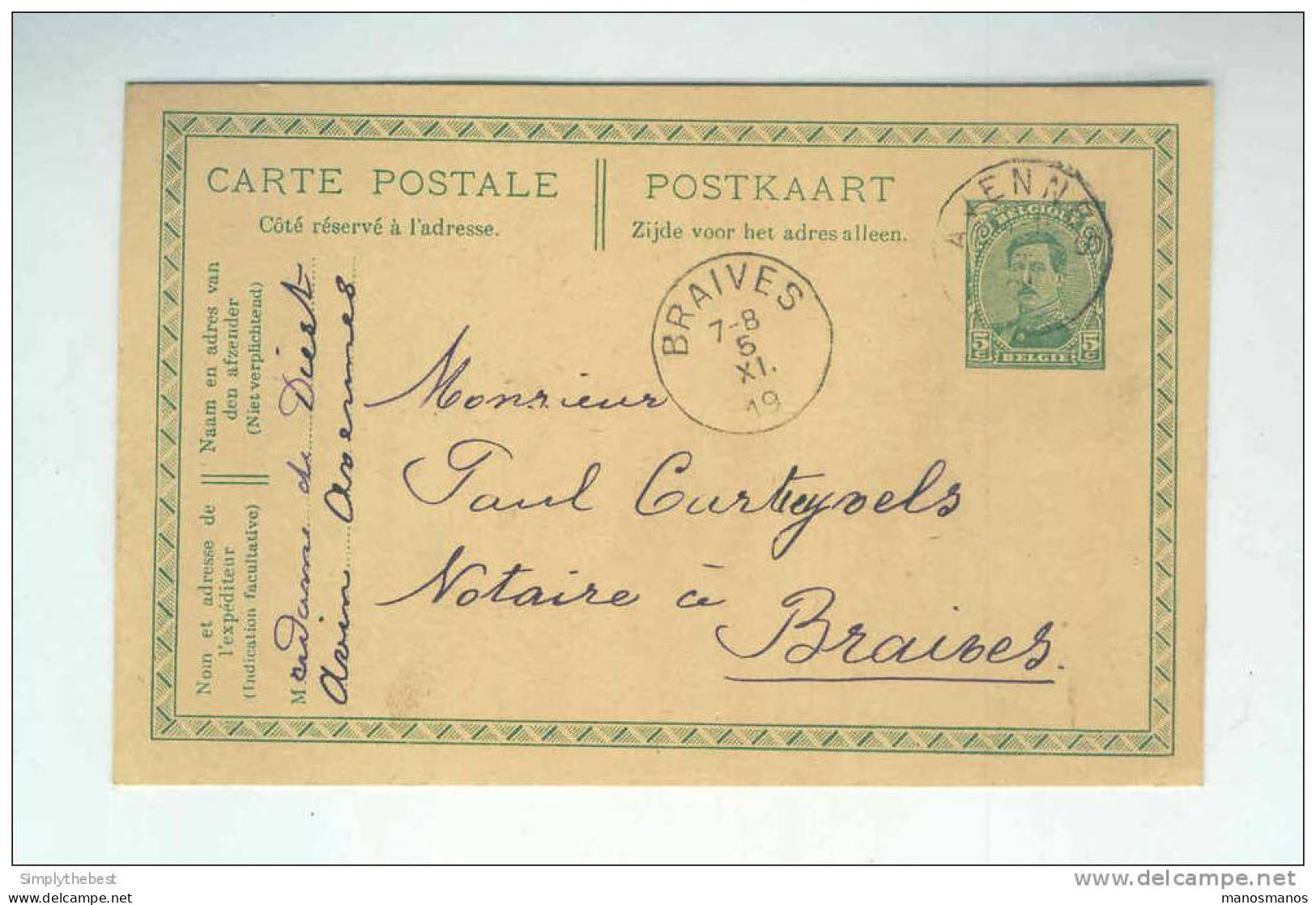 Lot De 3 Entiers Postaux Albert 15 Cachets AVENNES 1919 / 1922 Vers BRAIVES - Expéd. Mme De Diest à AVIN  --  LL / 709 - Otros & Sin Clasificación