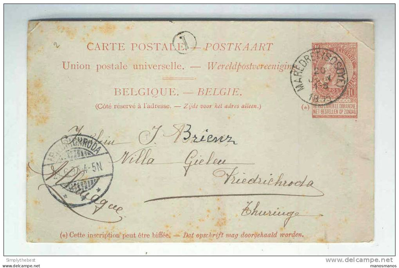 Entier 10 C  Fine Barbe MAREDRET SOSOYE 1895 Vers Allemagne - Boite Rurale I - Origine DENEE  -- LL / 685 - Landelijks Post