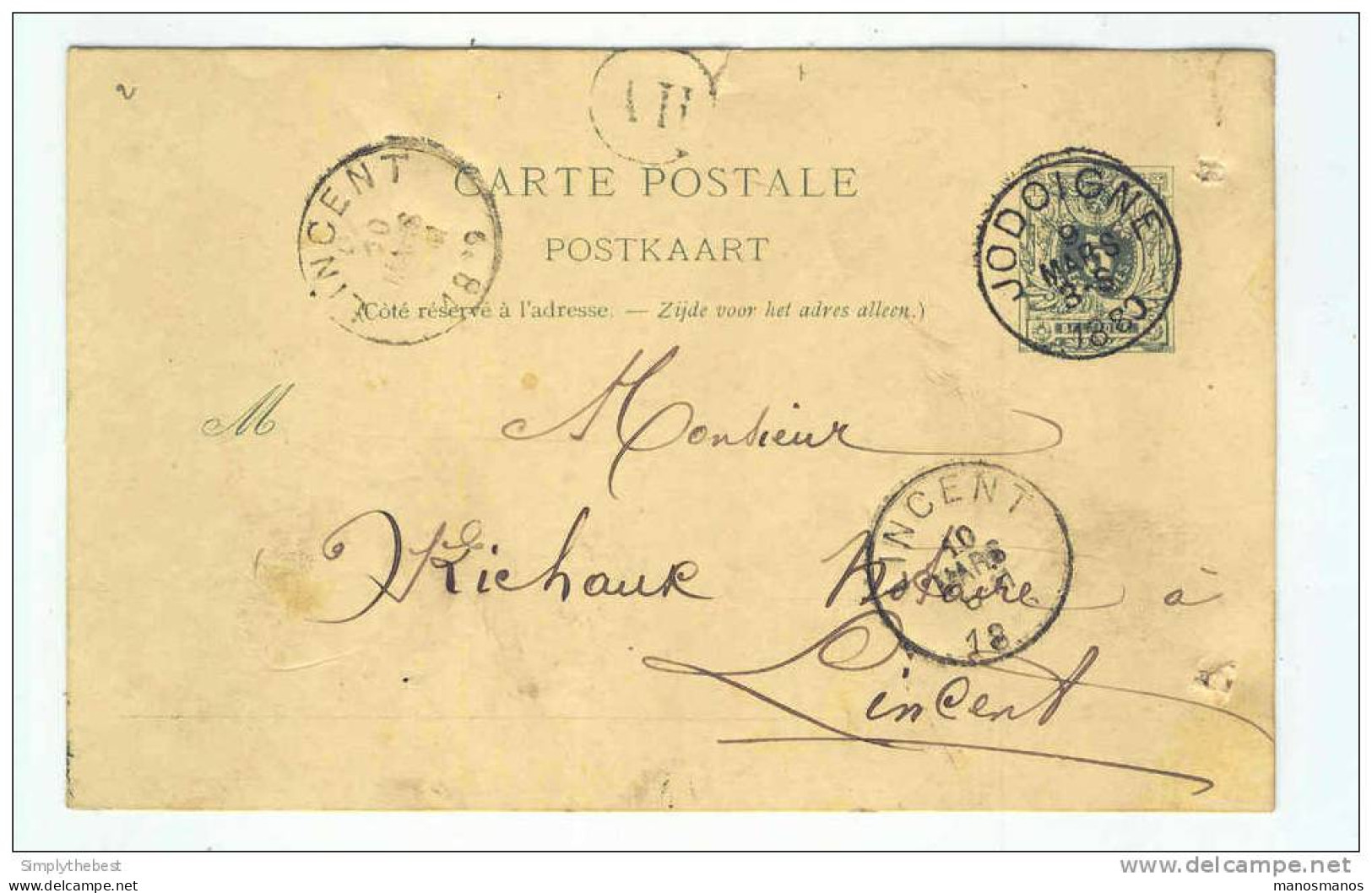 Entier 5 C Lion Couché JODOIGNE 1889 Vers Notaire à LINCENT - Boite Rurale AH - Origine GLINNES  -- LL / 680 - Posta Rurale