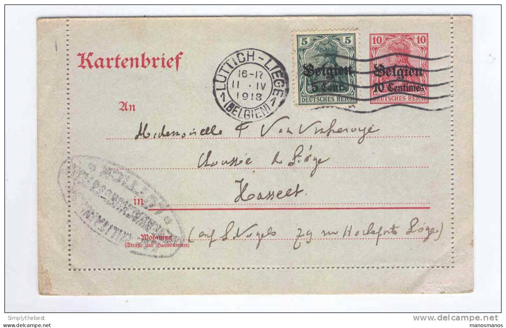 Entier Carte-Lettre Germania Belgien + TP Compl. LIEGE 1918 - Censure Dito - Papier Gris Verdatre  -- LL / 587 - Ocupación Alemana