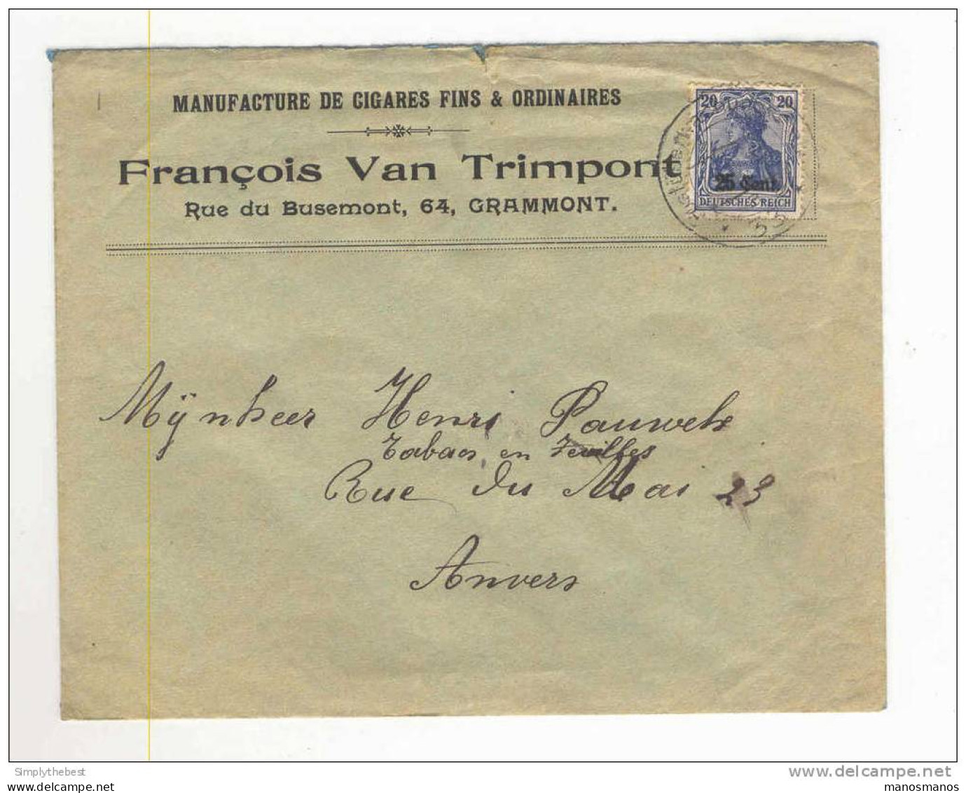 Lettre TP Germania Censure Des Etapes P.U.St. 33 - Entete Manufacture De Cigares Van Trimpont à GRAMMONT  -- LL / 546 - OC26/37 Territoire Des Etapes