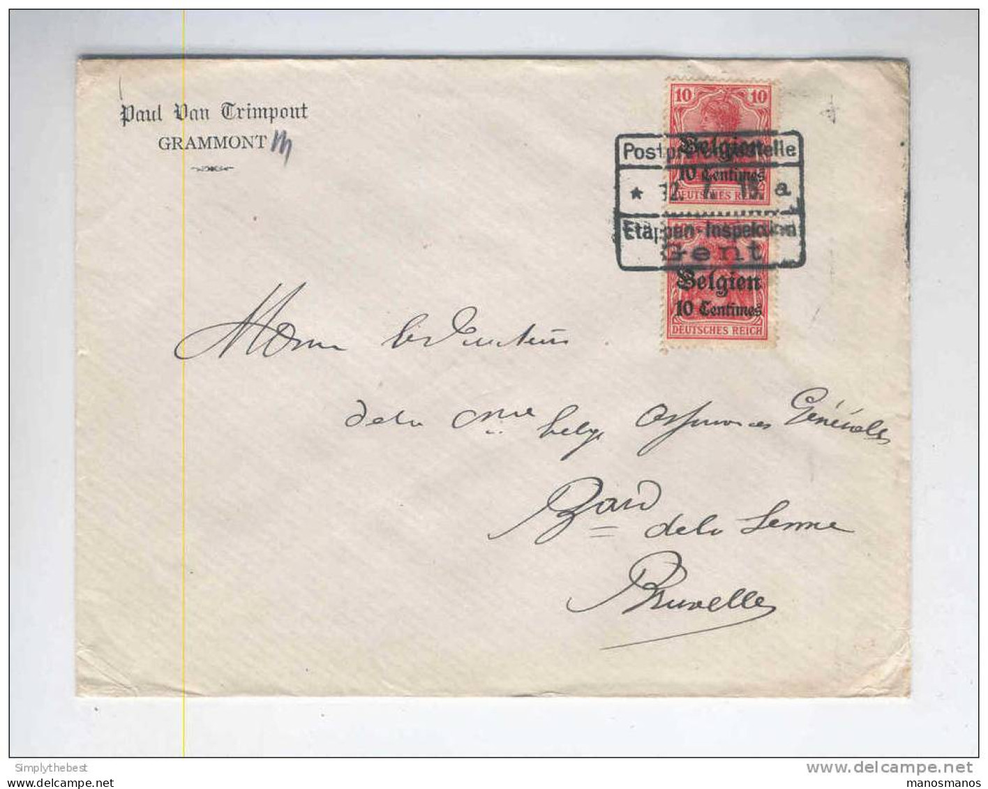 Lettre TP Paire Germania Censure Etapes De GENT 1915 - Entete Paul Van Trimpont à GRAMMONT  -- LL / 545 - OC26/37 Territori Tappe