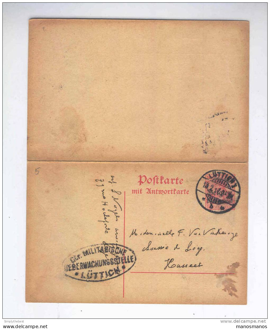 Entier Carte Postale Double Germania Belgien + TP Compl. LUTTICH 1917 - Censure Dito  -- LL / 591 - Occupation Allemande