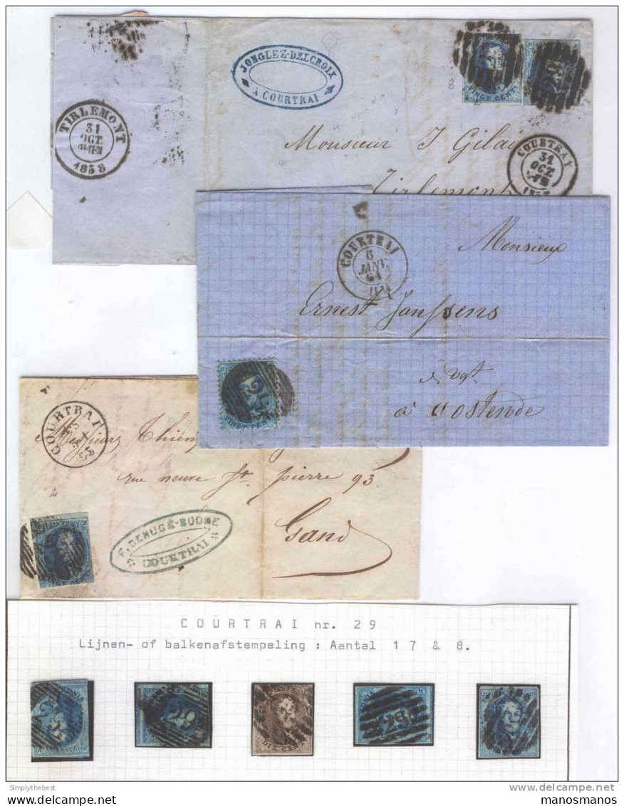 Ensemble 5 TP Et 3 Lettres Médaillons - Barres 29 De COURTRAI - Trois Cachets Dateurs Différents -- LL / 509 - 1849-1865 Medallions (Other)