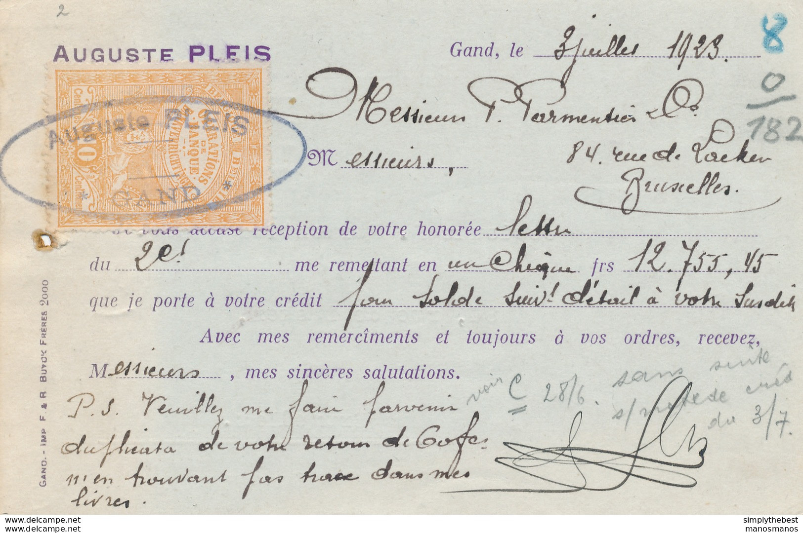 516/28 -  Timbre FISCAL  Opérations De Banque 10 C Sur Carte TP Petit Albert GENT 1923 - Cachet Auguste Pleis à GAND - Documents
