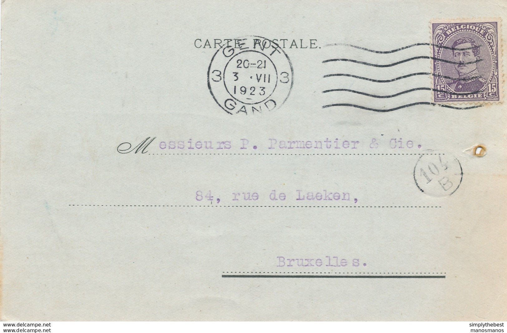 516/28 -  Timbre FISCAL  Opérations De Banque 10 C Sur Carte TP Petit Albert GENT 1923 - Cachet Auguste Pleis à GAND - Documentos