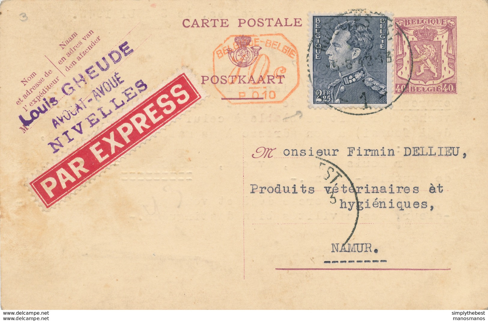 189/28 - Entier Postal Petit Sceau + TP Poortman En EXPRES - Cachet De Gare NIVELLES 1 En 1942 ( Cachet Type Moustache ) - Cartes Postales 1934-1951
